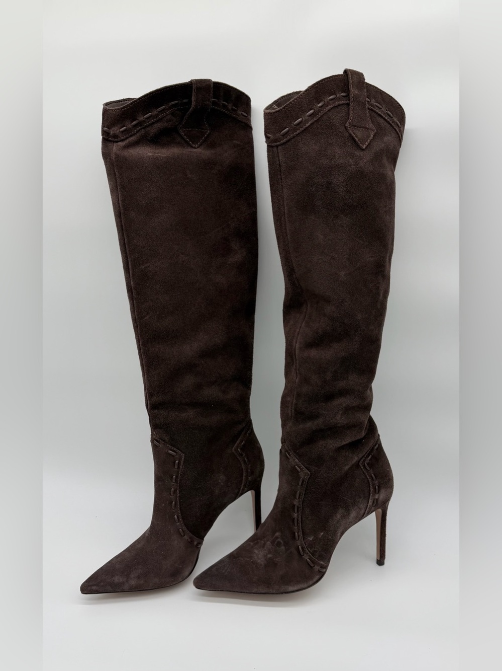 Schutz Eliana Brown Suede Western Knee-High Stiletto Boots – Size 8.5 - Picture 2 of 12